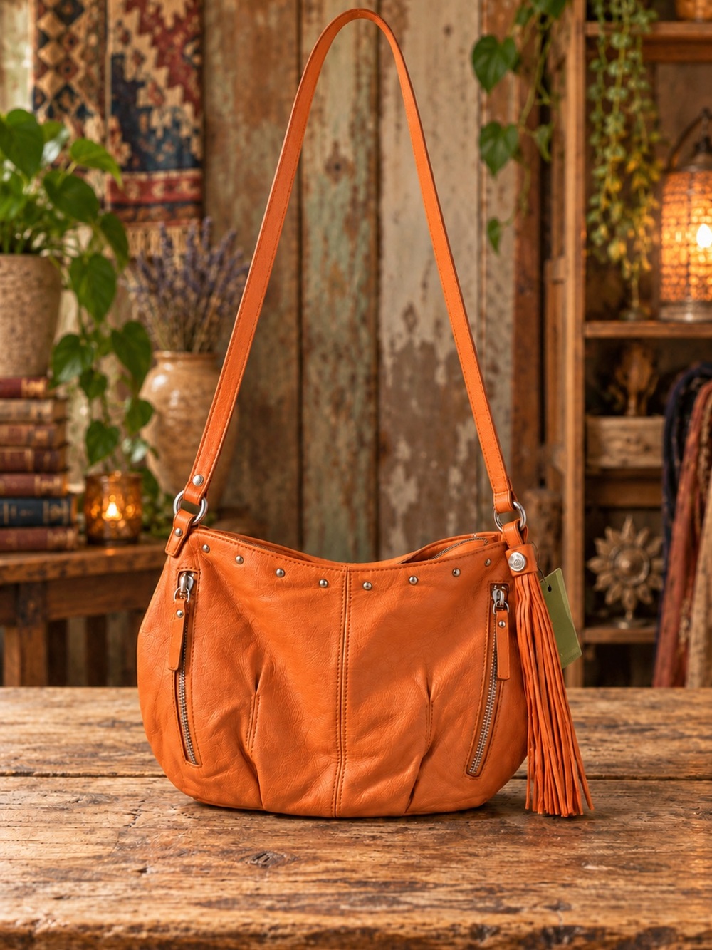 Vintage Y2K b. makowsky Orange Leather Hobo Crossbody with Tassel